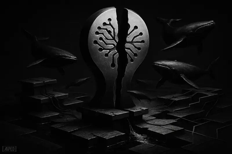 A split metallic network totem hovers over fractured trading platforms as grayscale whales circle through a dark, fragmented crypto market scene.