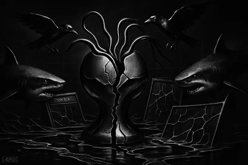 A split metallic neural totem is pulled apart while sharks and mechanical ravens circle over shattered trading screens in a dark grayscale scene.