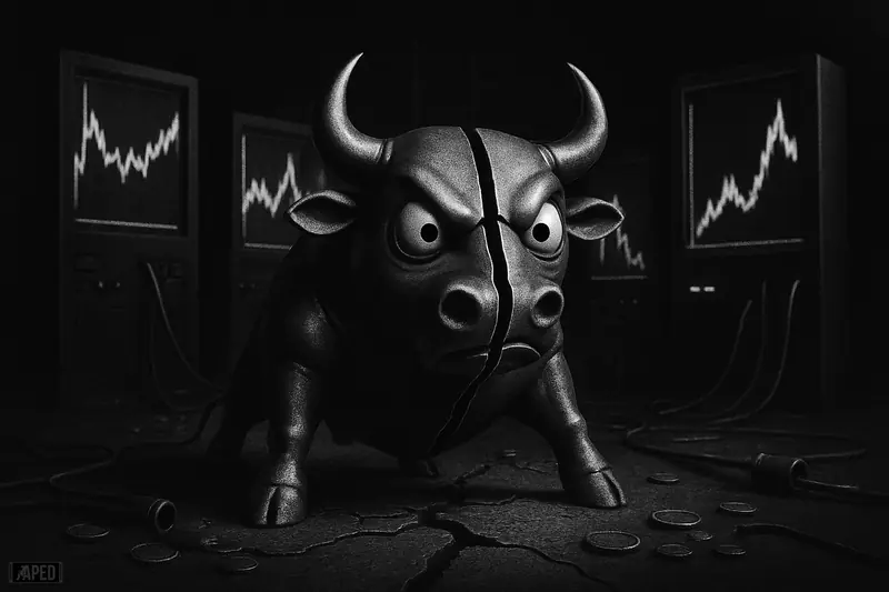 A monochrome bull-whale hybrid stands amid fractured exchange machines and broken pipes, symbolizing extreme TAO price spreads and liquidity stress.