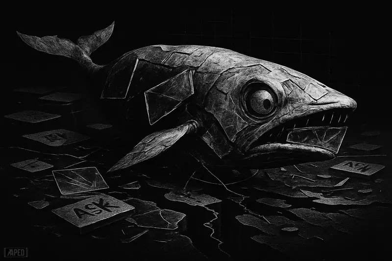 A mechanical whale crashes through broken trading platforms and shattered liquidity pools in a dark grayscale financial scene.