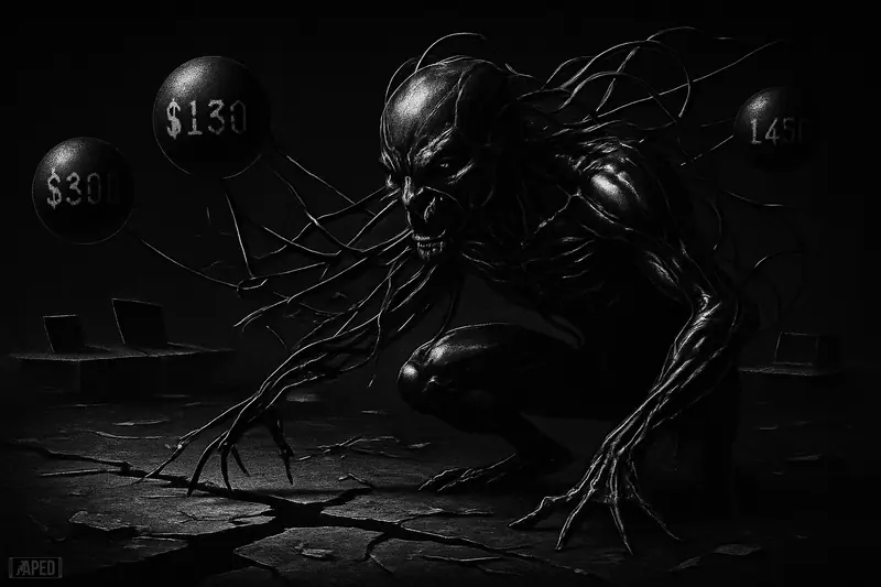 A monochrome biomechanical creature pulls floating price spheres apart above a fractured trading floor, evoking fragmented exchanges and severe liquidity dislocation.