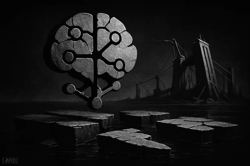 A fractured metallic network statue splits into drifting islands above dark water, with broken market structures behind it in stark grayscale.