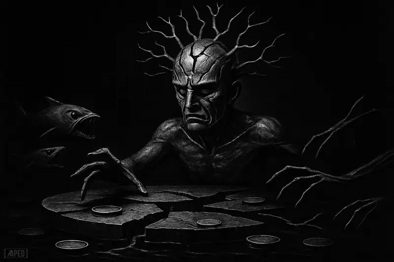 A fractured metallic neural idol looms over a split trading floor as mechanical creatures reach through gaps in a dark grayscale market scene.