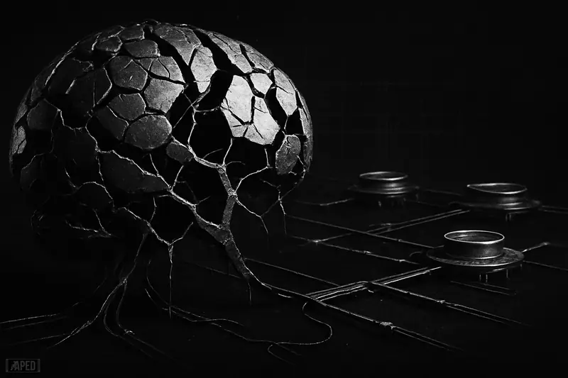 A fractured mechanical brain-network hovers above separated trading platforms, with snapped links and dark shadows suggesting fragmented liquidity and severe market dislocation.