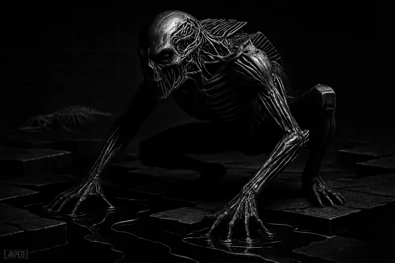 A monochrome mechanical beast pulls apart fractured trading platforms above dried liquidity pools in a dark, cinematic market-crisis scene.