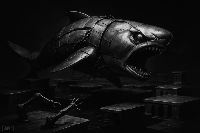 A metallic cyber-whale lunges across fractured liquid platforms and broken bridges in a dark grayscale trading scene with AI cables and deep shadows.