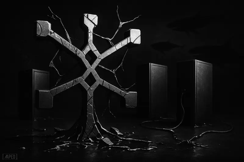 A fractured metallic network sculpture strains between dark server towers as whale shadows circle in a bleak grayscale financial scene.