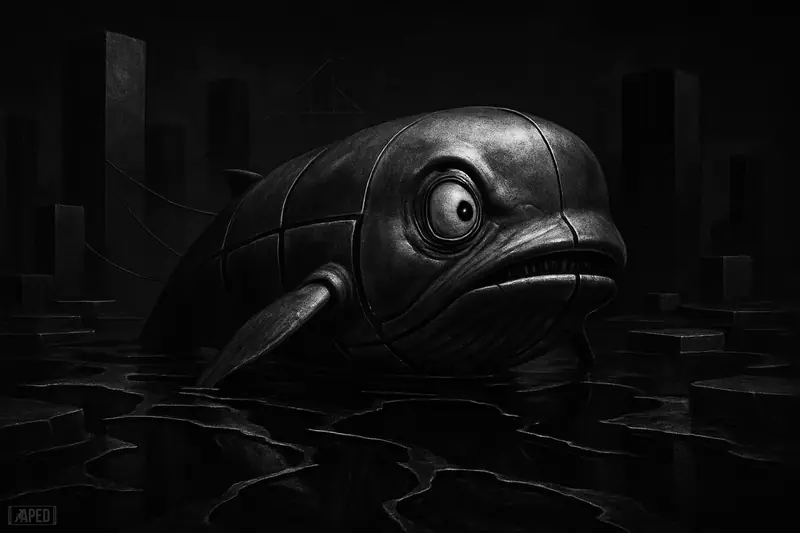 A monochrome mechanical whale rises from fractured reflective liquid between dark platforms, symbolizing arbitrage stress and fragmented liquidity.