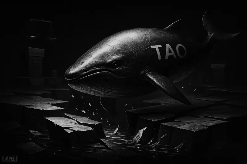 A metallic cyber-whale surges across fractured dark platforms, with broken trading structures and a faint data grid behind it.