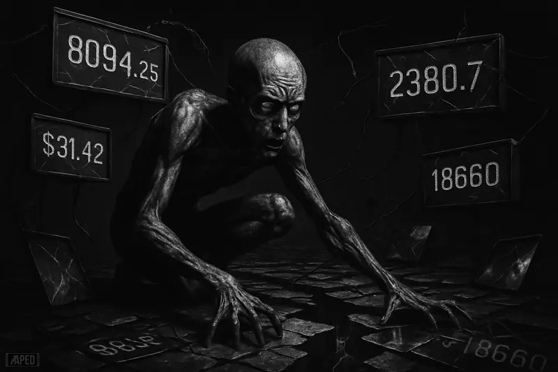 A skeletal metallic oracle crouches over broken price panels and snapped cables in a dark grayscale scene of fractured crypto liquidity.