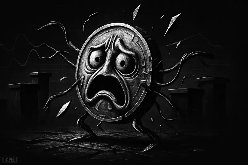 A twisted metallic market creature is torn between dark platforms amid fractured network lines and a faint grid in black and white.