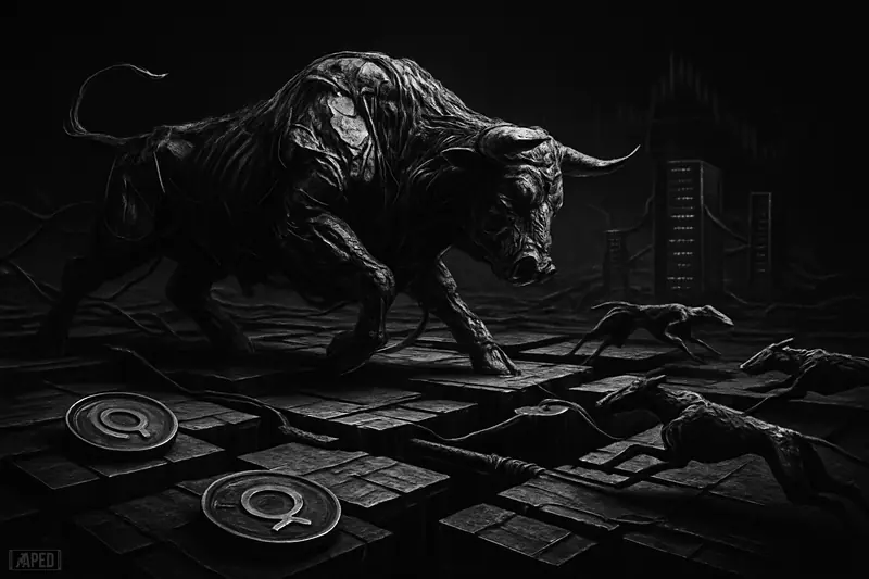 A mechanical bull crosses fractured trading platforms as scattered token discs and robotic hounds evoke severe exchange price gaps and broken liquidity.