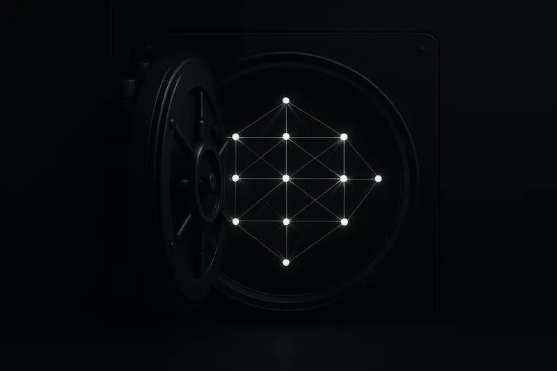 Black cover with a steel vault framing a glowing lattice of interconnected nodes, subtle circuit lines, and faint energy pulses.