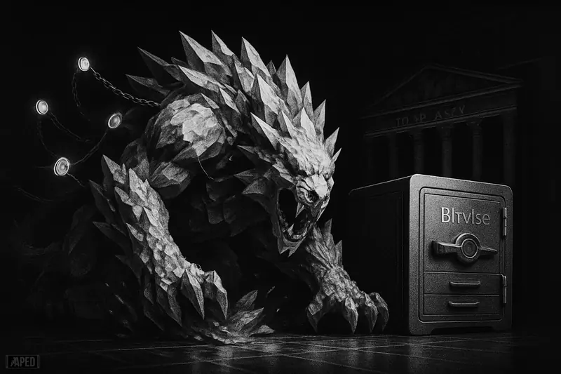 A crystalline avalanche beast storms across a dark exchange floor beside a vault-like machine, merging crypto staking energy with institutional finance.