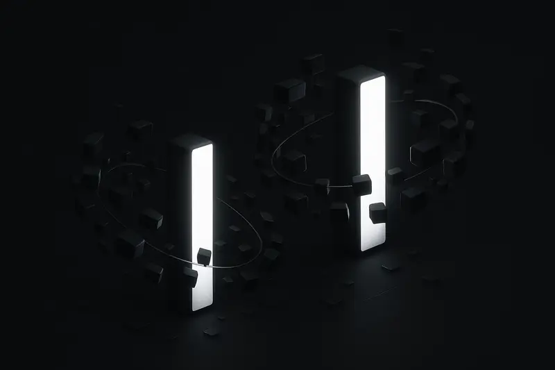 Two luminous vertical monoliths on a black background, attracting scattered glowing cubes into swirling orbital rings.