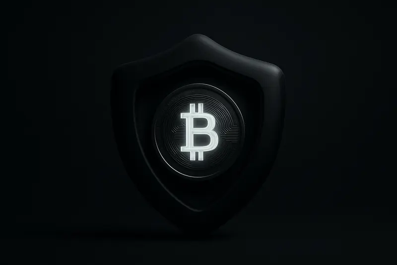 Glowing golden coin inside an angular black shield, surrounded by faint circuit lines and shimmering digital noise on dark background.