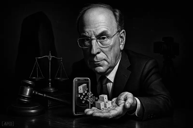 Larry Fink caricature in a dark boardroom, displaying a transparent digital wallet as blockchain nodes and tokenized fund papers swirl nearby.