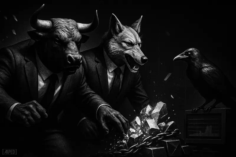 Two powerful suited beasts advance toward a glowing digital asset pile while a raven watches, evoking institutional Bitcoin dip-buying in dark grayscale.