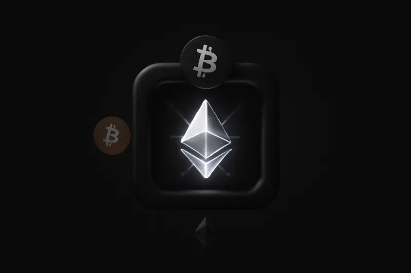 On a black background, a luminous faceted crystal hovers above a circular ring, with faint energy lines looping like a circuit.