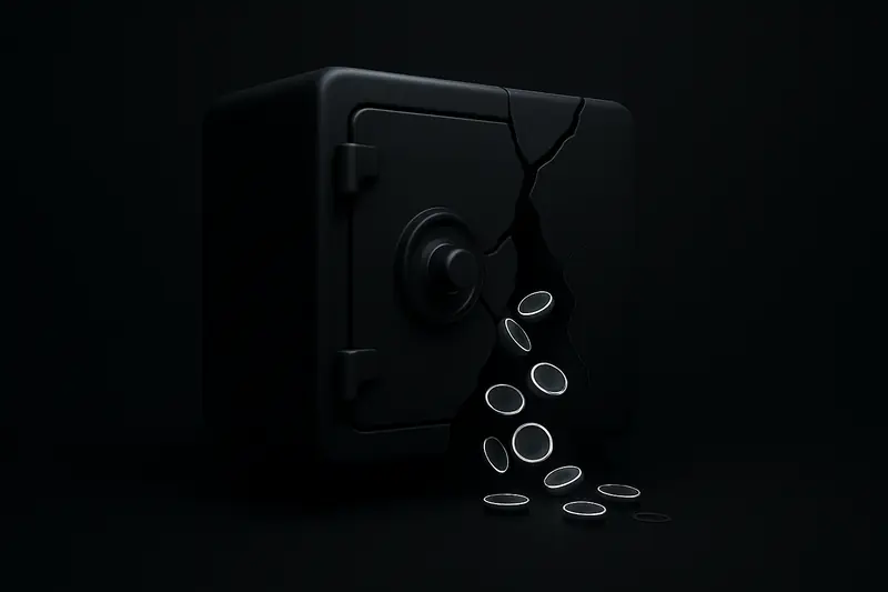 Cracked black vault with faintly glowing coins and shards drifting downward into a smoky, dark background.