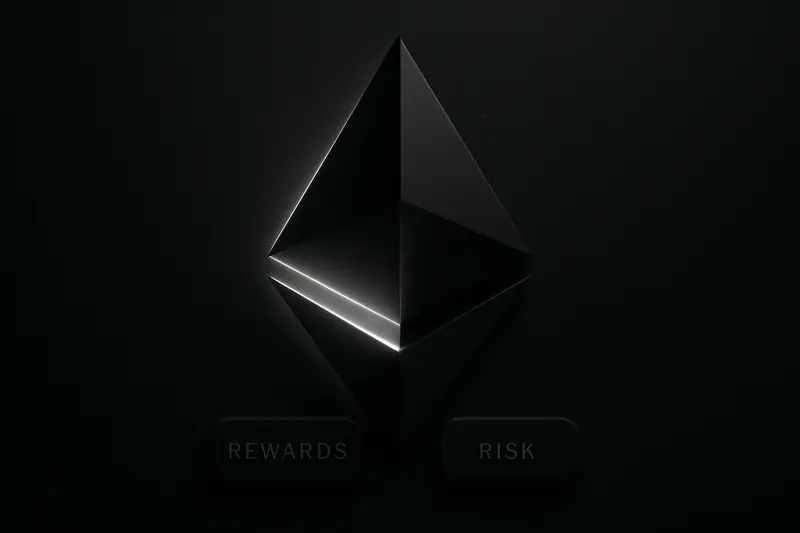 On a black background, a luminous purple crystal emits upward light while a sharp dark wedge cuts through the glow.