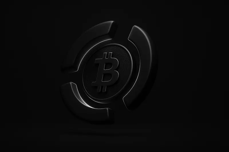 A luminous coin divided into three floating shards orbiting a central core, with faint circuit-like lines on a black background.