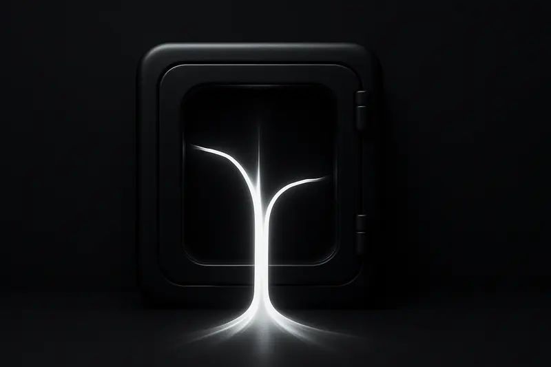 A dark metallic vault ringed by neon circuitry, splitting a glowing purple yield stream into two unequal branches.