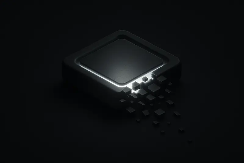 Glowing square microchip in a dark void, shedding small fractured tiles like falling shards, with faint orange circuitry highlights.
