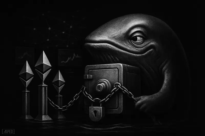 A grayscale, cinematic whale caricature locking crystalline assets into chained validator pylons, surrounded by shadowy on-chain analytics screens on a dark grid.