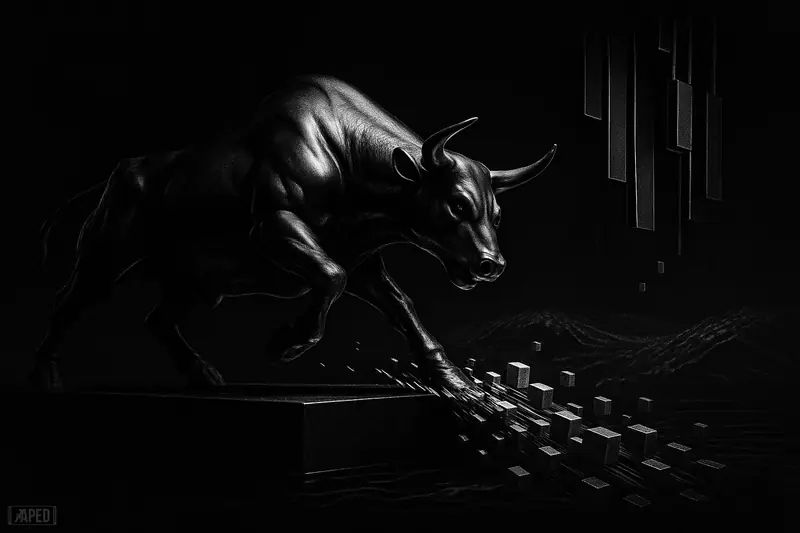 A metallic exchange beast crouches on a launch platform as blocky network shards and liquidity waves tighten around it in a dark grayscale scene.