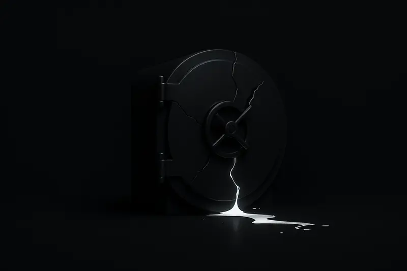 Cracked matte-black steel vault with a jagged opening, leaking neon-blue liquid onto a dark reflective surface.