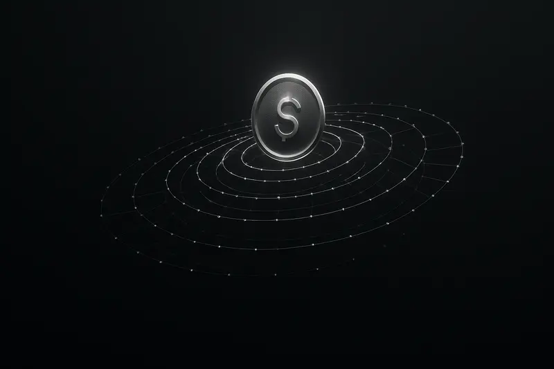 A dark cover with a luminous blue-white coin at center, surrounded by expanding concentric rings and light trails.
