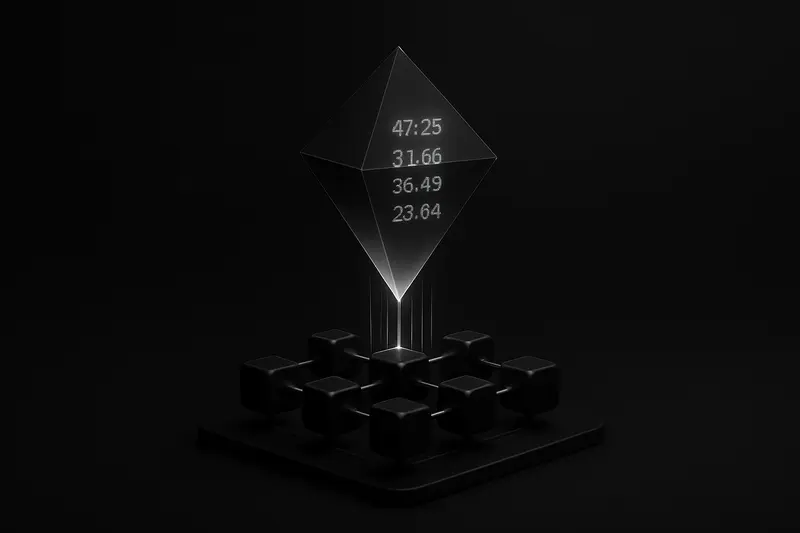 Glowing crystalline prism emitting segmented light bars into a geometric blockchain grid over a dark, high-contrast background.