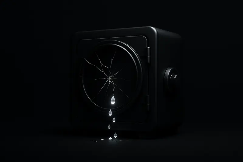 Black background with a cracked obsidian vault, faint red warning glow, and bright liquid-like droplets seeping into darkness.