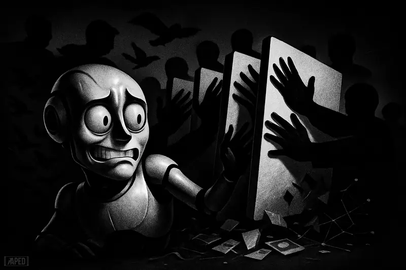 A startled AI assistant creature recoils as shadowy users and barrier panels close in, symbolizing mass blocking on a dark social network.