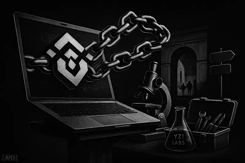 Oversized laptop projects a metallic hexagon blockchain network beside lab gear and tools, in front of a dark university arch on a black grid.