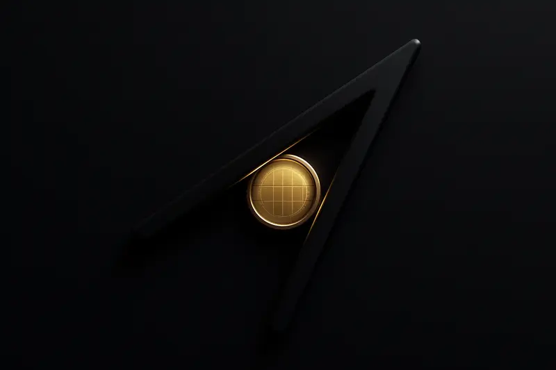 Glowing gold coin trapped between two converging dark metallic beams, with faint red grid lines on a black background.
