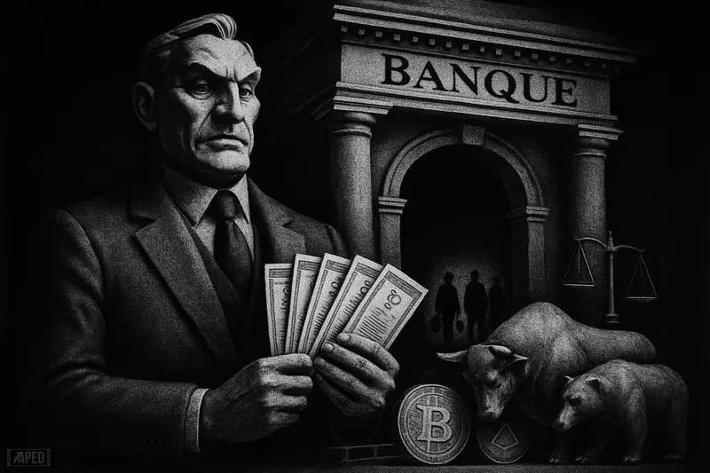 A grand bank-like guardian presents six crypto-linked instruments as investors enter a dark regulated marketplace with bull, bear, and digital asset symbols.