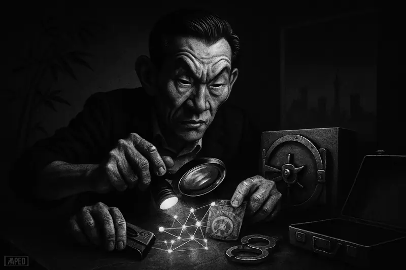Bo Shen, rendered as a photorealistic caricature, investigates a hacked wallet with forensic on-chain tracing leading to a frozen vault in darkness.