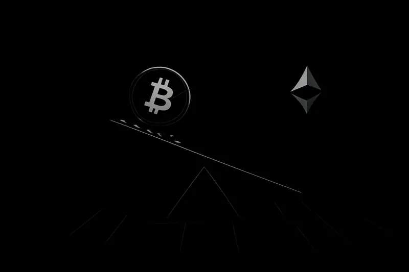A cracked glowing coin on a tilted black balance scale, red-blue neon shards falling into a dark abyss.