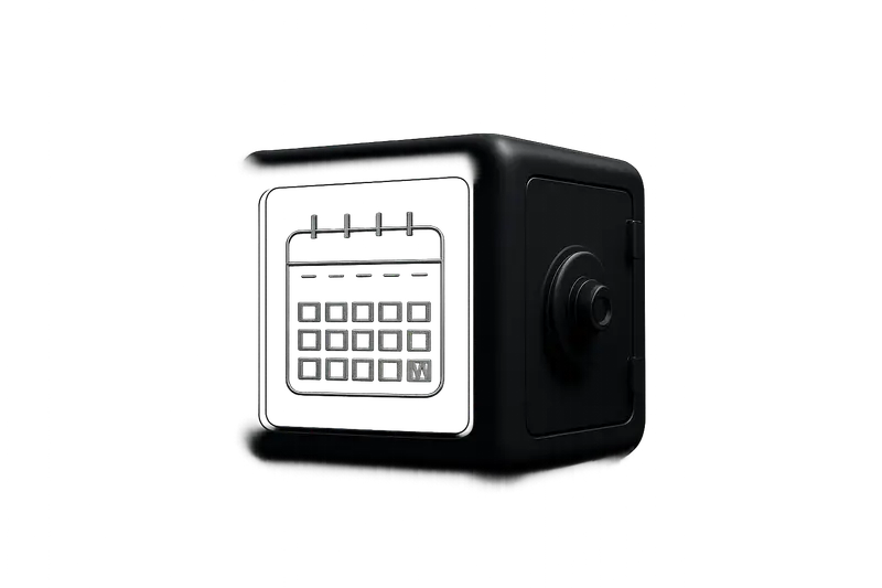 On a black background, a translucent vault cube glows as a calendar-like grid of illuminated squares wraps around it.