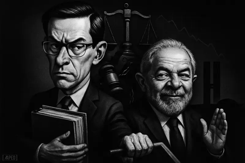 Caricature of Brazil’s finance minister braking a tax policy machine as Lula gestures to pause, amid shadowy regulatory symbols on a dark grid.