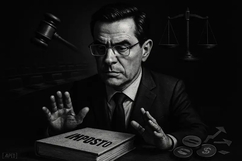 Dario Durigan pauses over a tax file in a dark congressional setting with legal symbols and digital finance props behind him.
