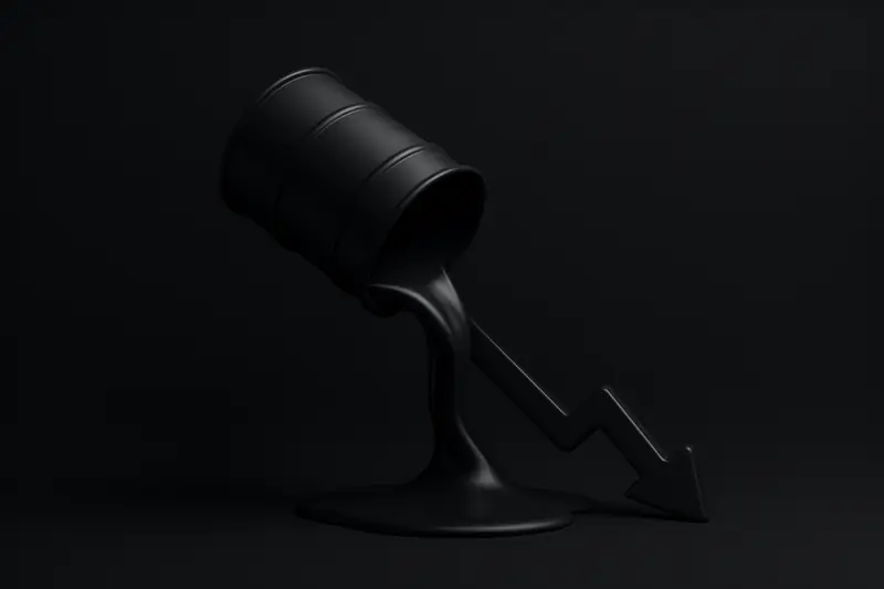 A black oil barrel with glowing cracks leaks crude that forms a steep downward arrow on a dark background.