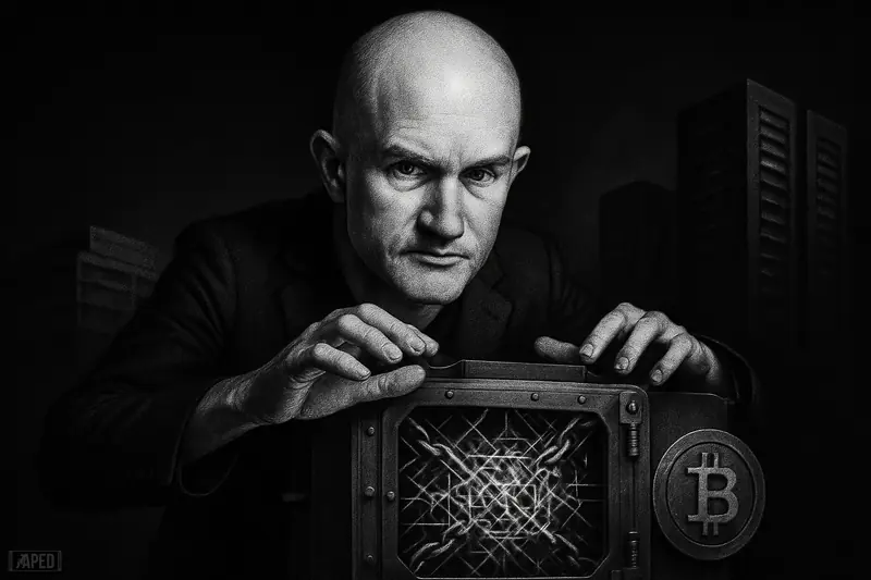 Brian Armstrong leans protectively over a vault-like Bitcoin security core amid quantum circuitry and dark server architecture in stark grayscale.