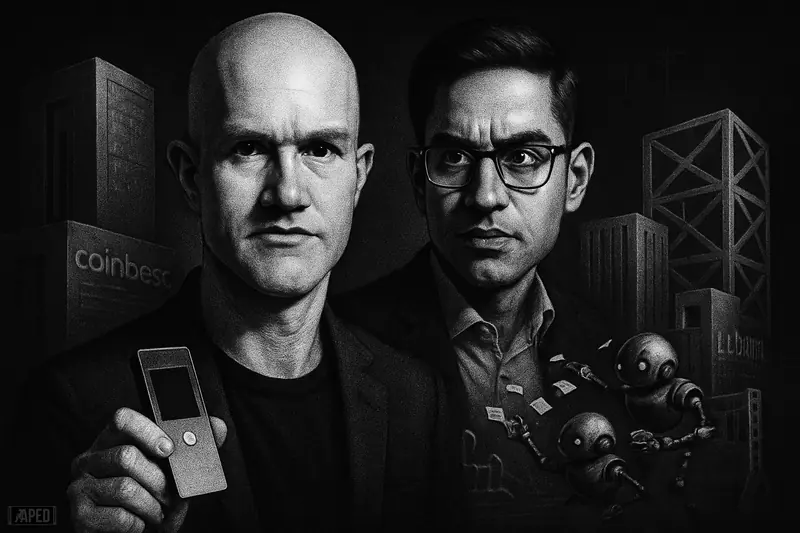 Brian Armstrong and Shan Aggarwal stand amid AI payment drones, wallet tech, and dark network infrastructure in a cinematic grayscale scene.