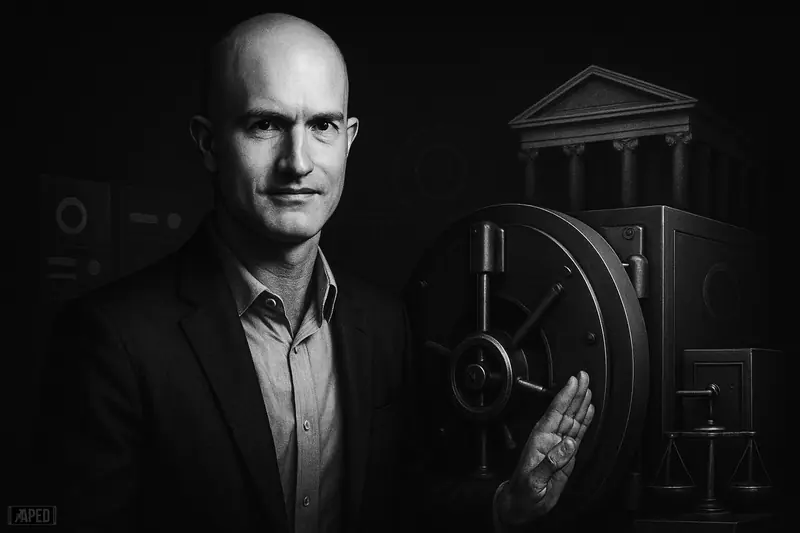 Brian Armstrong caricature stands by a partially opened vault, framed by custody safes, regulatory symbols, and a shadowy federal building in grayscale.