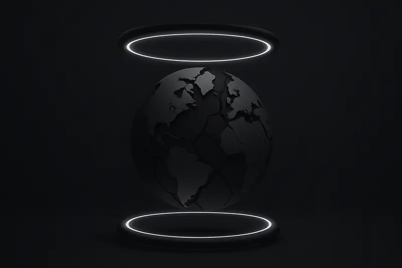 A cracked dark globe suspended between two luminous circular halos, with faint gridlines and drifting particle lights on black.