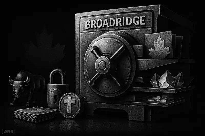 A steel vault-like machine merges traditional finance tools and digital asset elements in a dark monochrome scene with subtle Canadian symbolism.