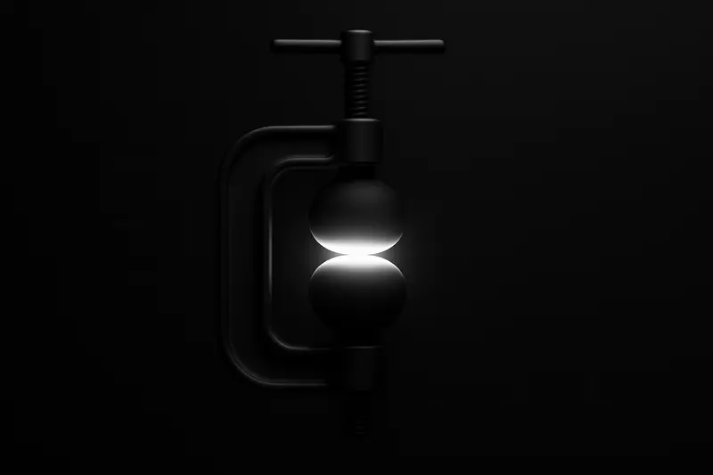 Two glowing spheres—one orange, one blue—compressed by a dark steel vice amid sharp, jagged waveform lines on black.